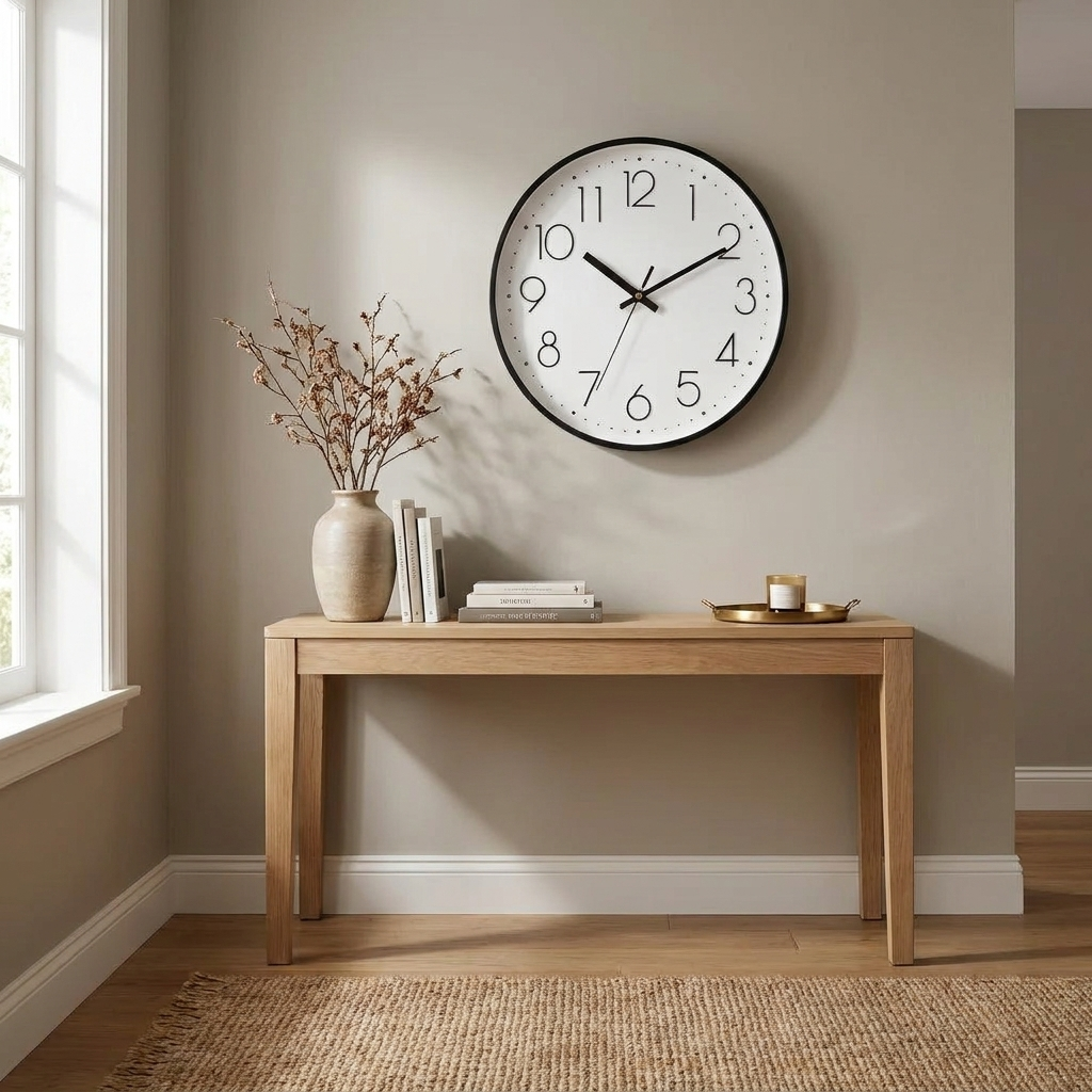 Nordic minimalist wall clock above an entryway console table