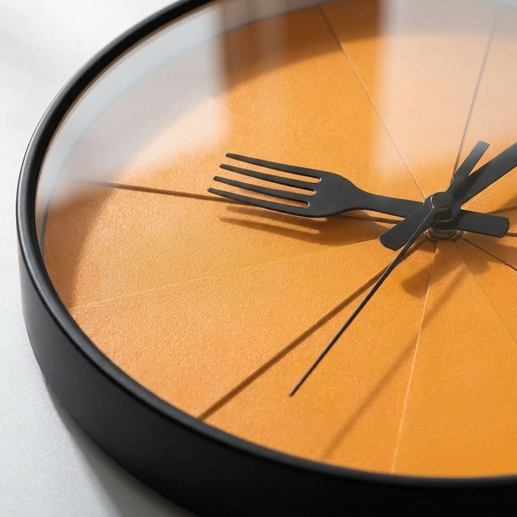Close-up detail of Nordic-style wall clock orange dial