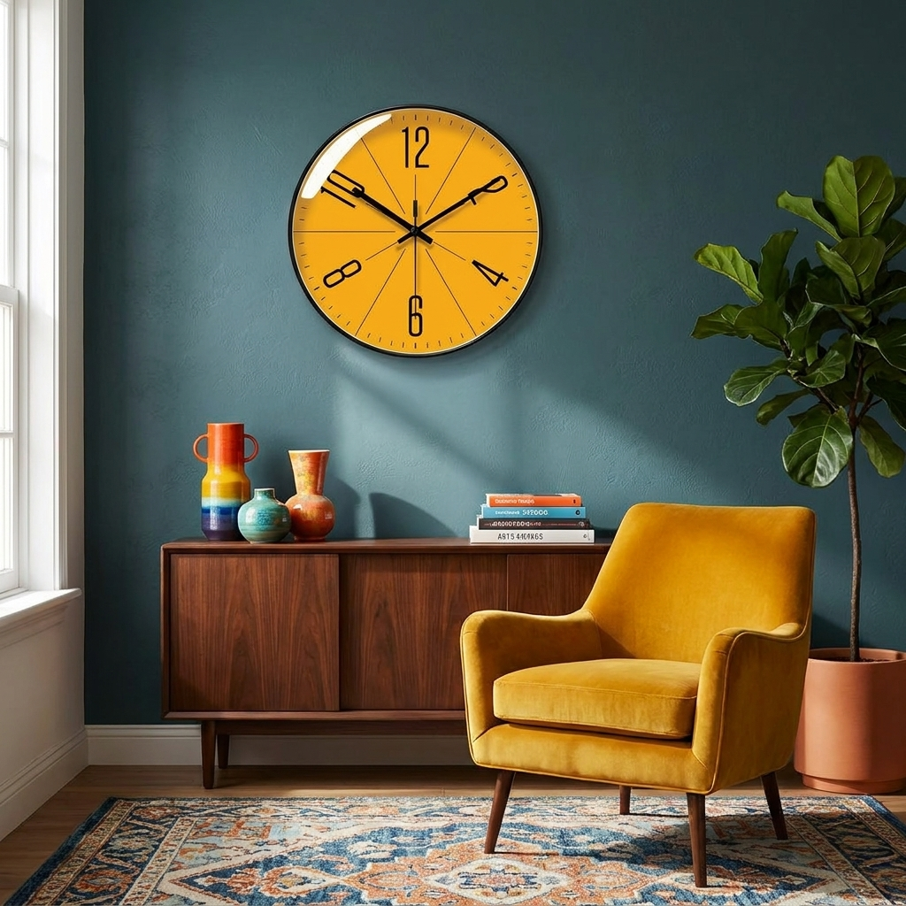 Nordic-style wall clock in an eclectic modern living room
