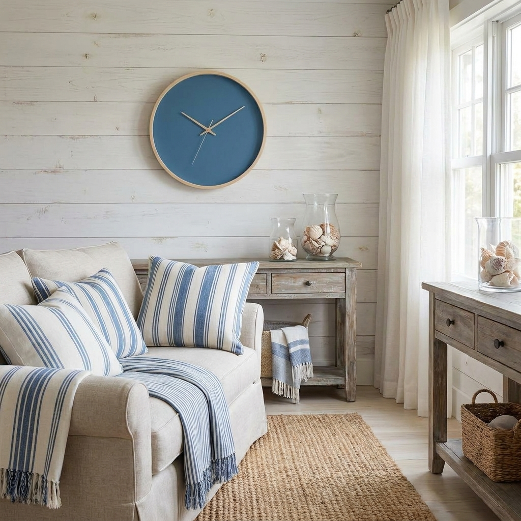 Wooden wall clock in a coastal-style living room