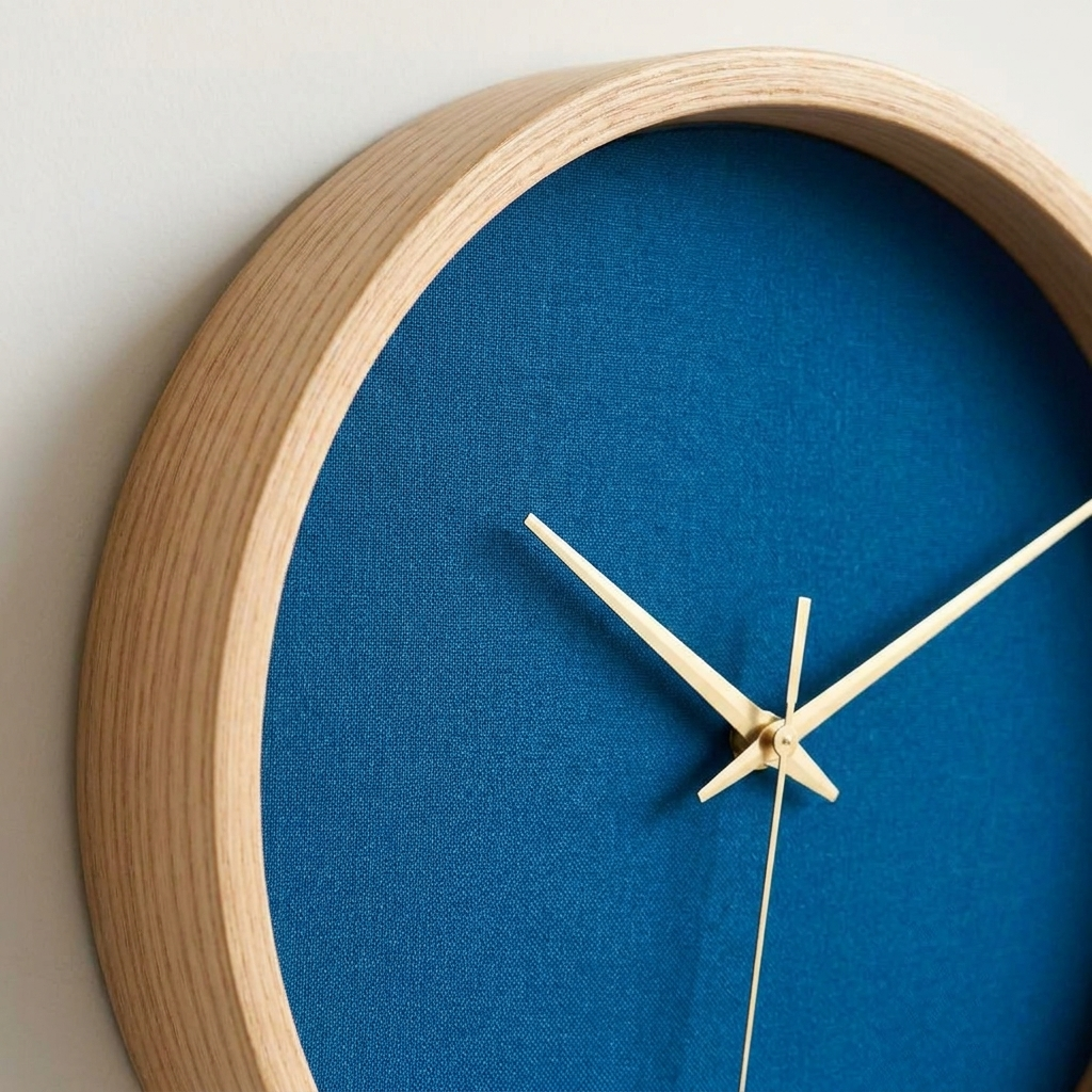 Close-up detail of wooden wall clock azure blue dial