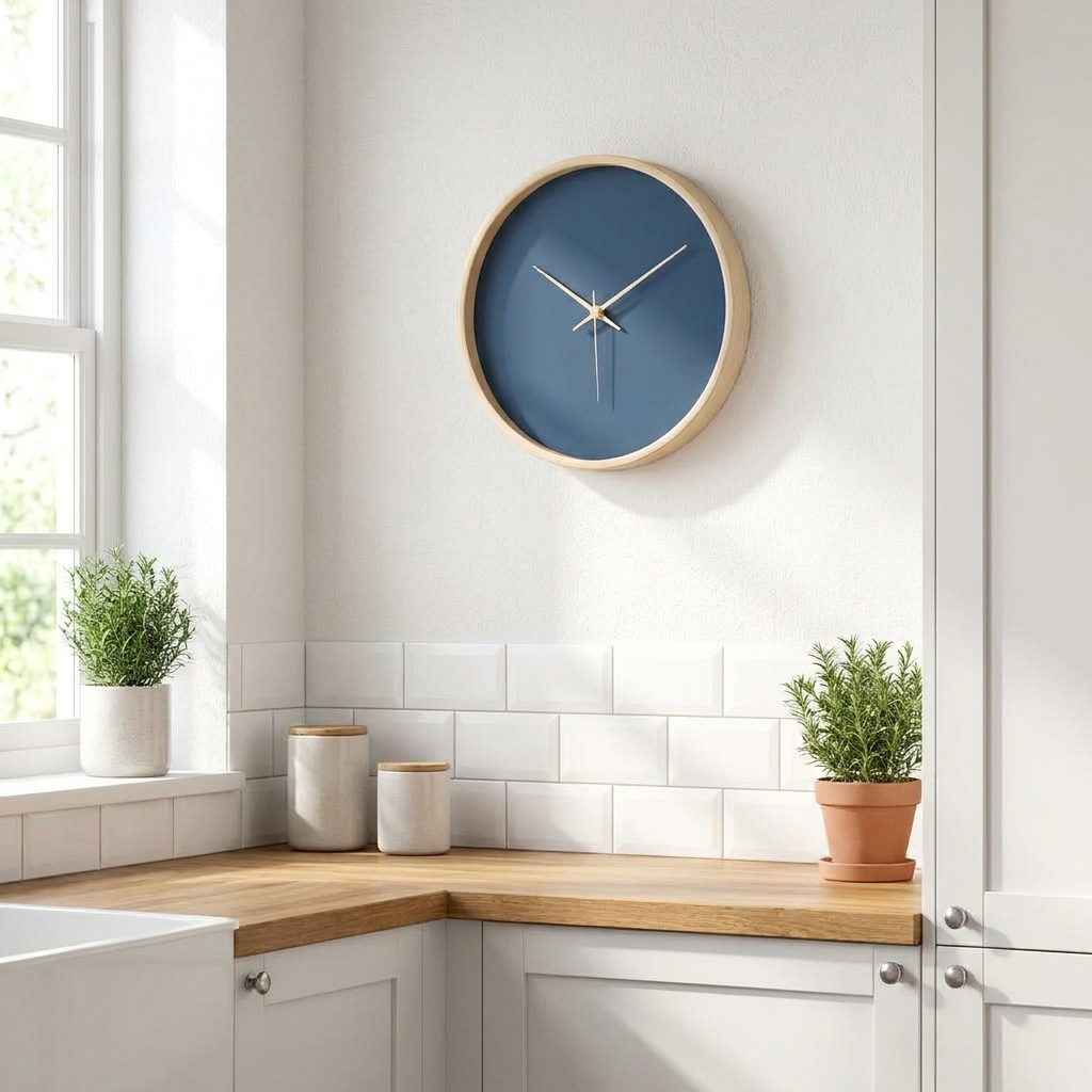Wooden wall clock in a bright kitchen