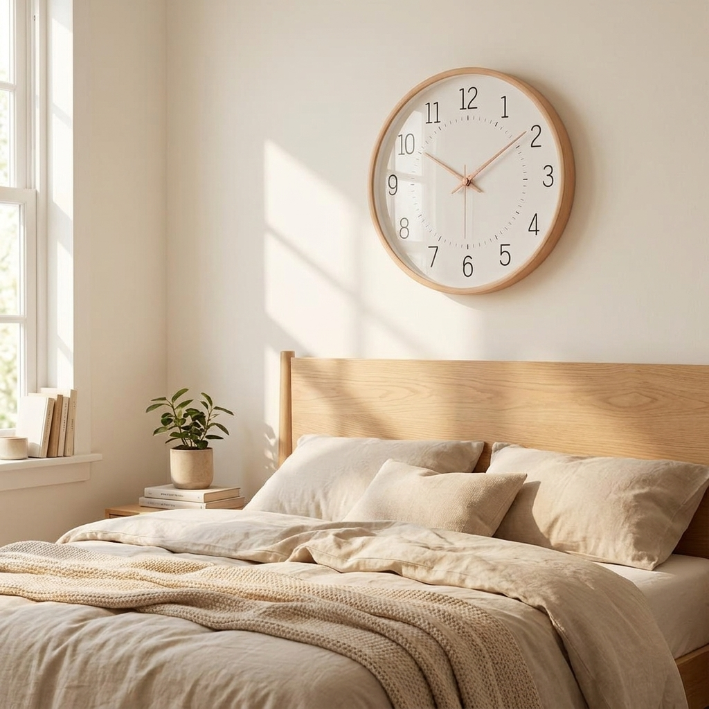 Nordic wooden wall clock above a bedroom headboard