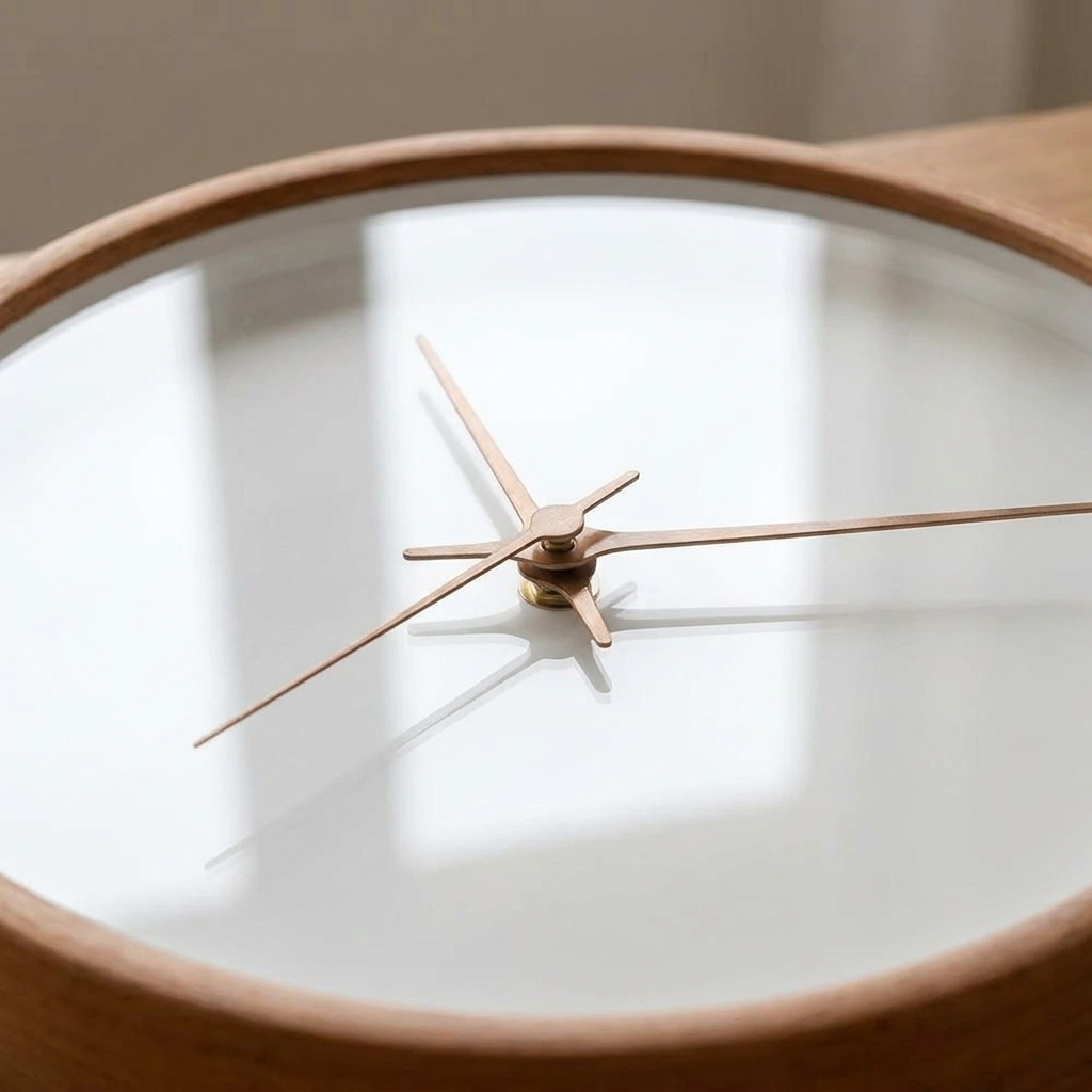 Close-up detail of Nordic wooden wall clock mirror face