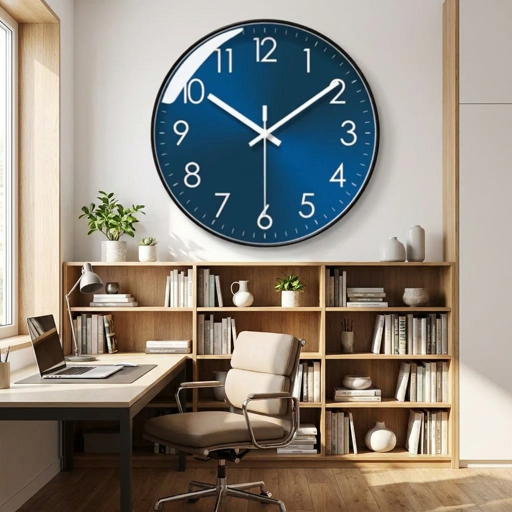 Large wall clock above a bookshelf in a study space