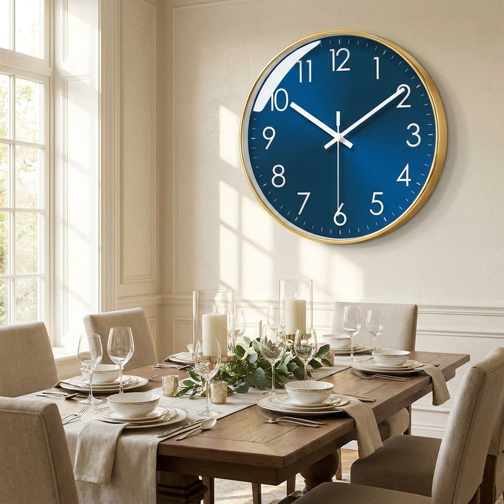 Large wall clock with gold bezel above a dining table