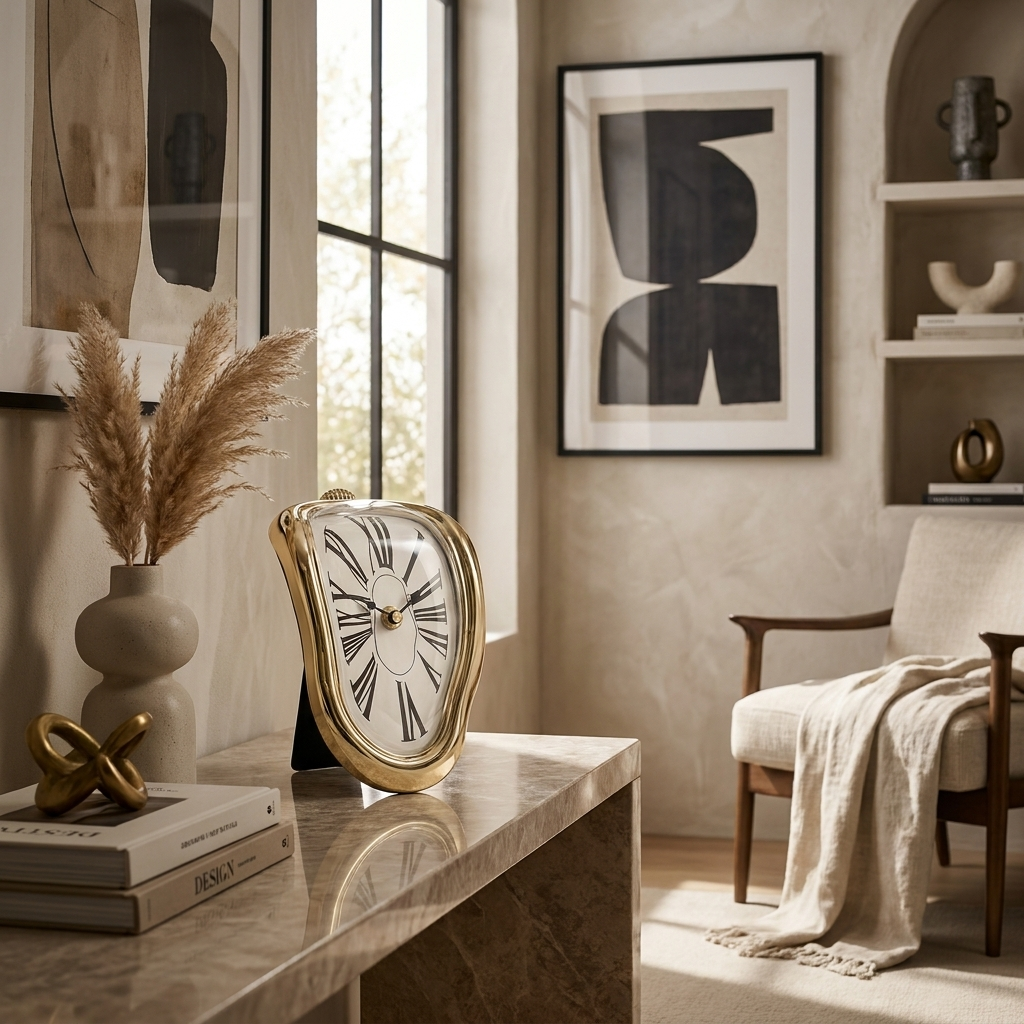 Melting table clock on a console table in a living room