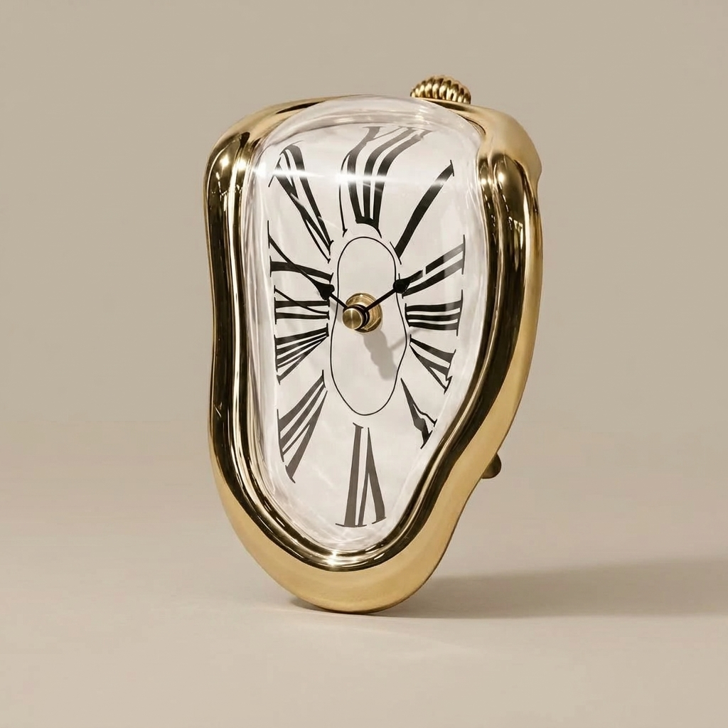 Surreal melting quartz table clock, clean hero shot