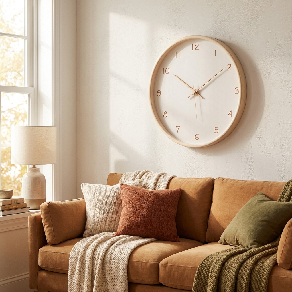 Solid wood wall clock above a sofa in a warm living room