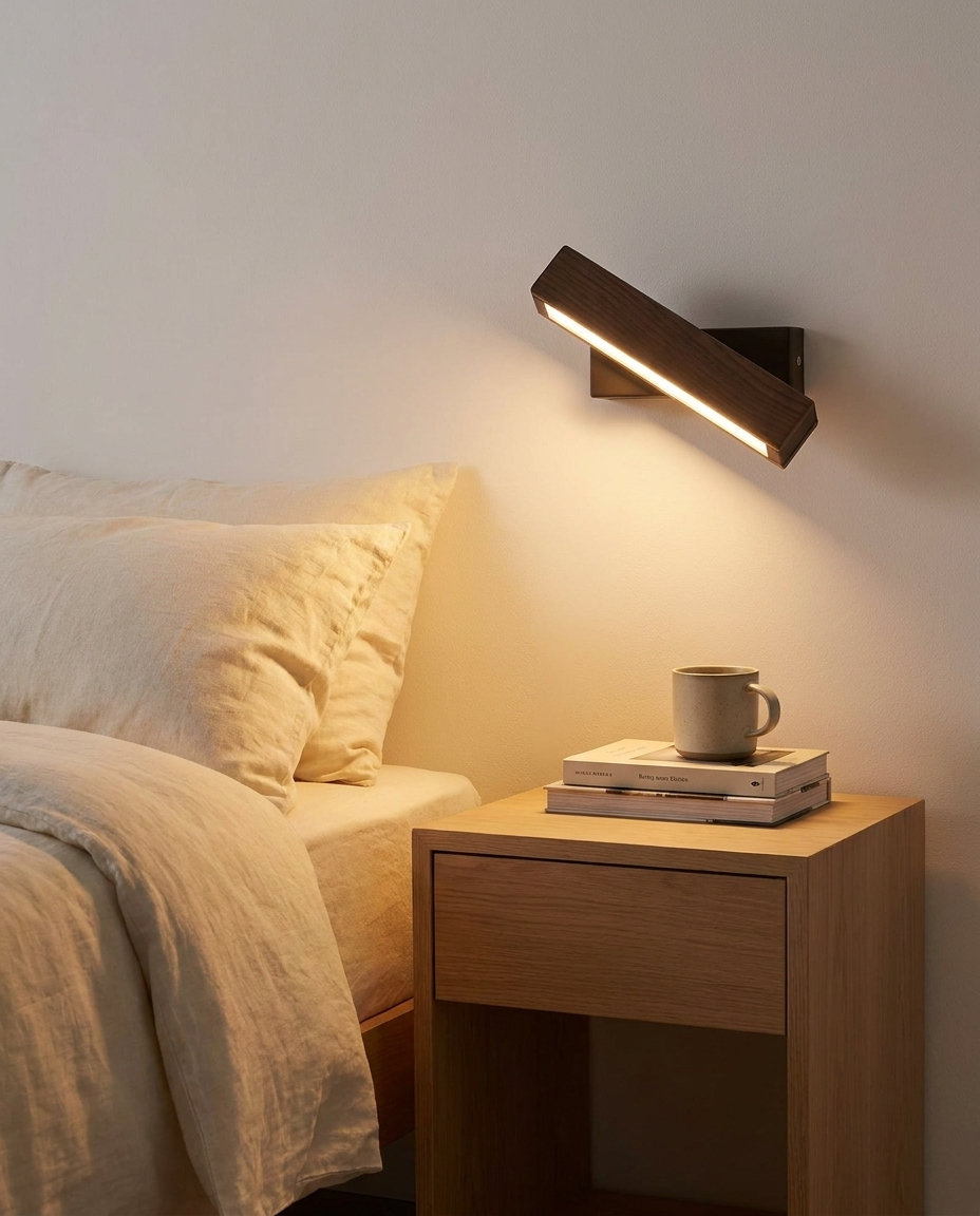 Wooden swivel wall light mounted above a bedside table in a serene bedroom