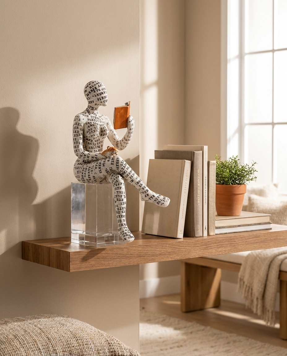 Abstract resin figure sculpture styled on a floating wooden shelf with books and a small plant