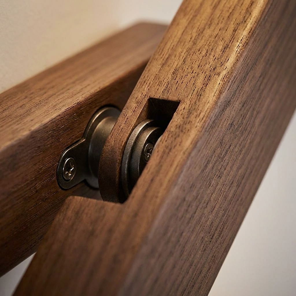 Close-up of the wooden wall light's swivel joint and woodgrain texture