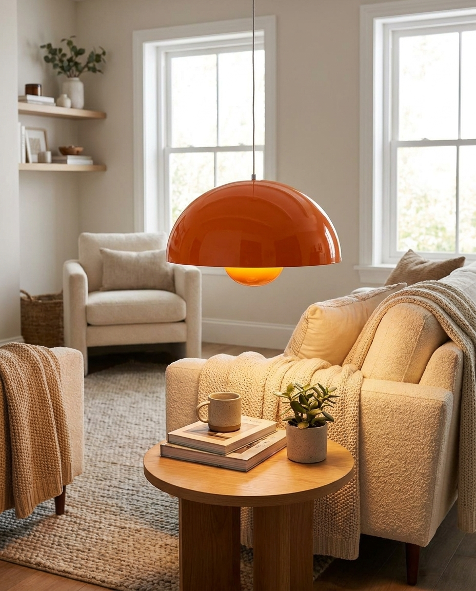 Round metal pendant light hanging in a cozy modern living room lounge area