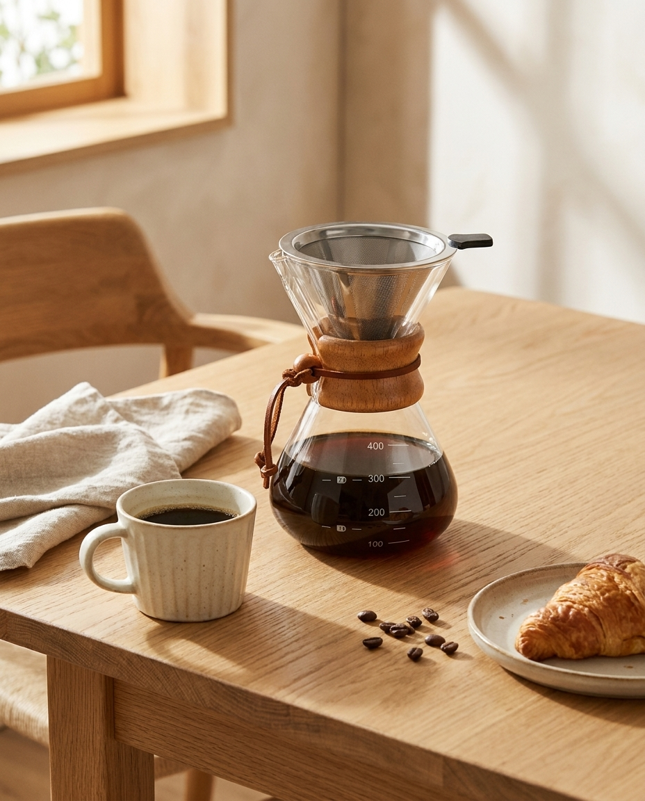 Glass coffee brewing set styled on a wooden dining table