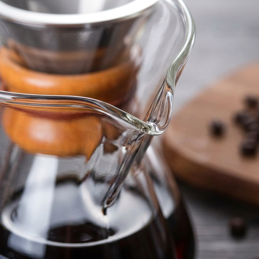 Close-up of the borosilicate glass coffee pot pour spout