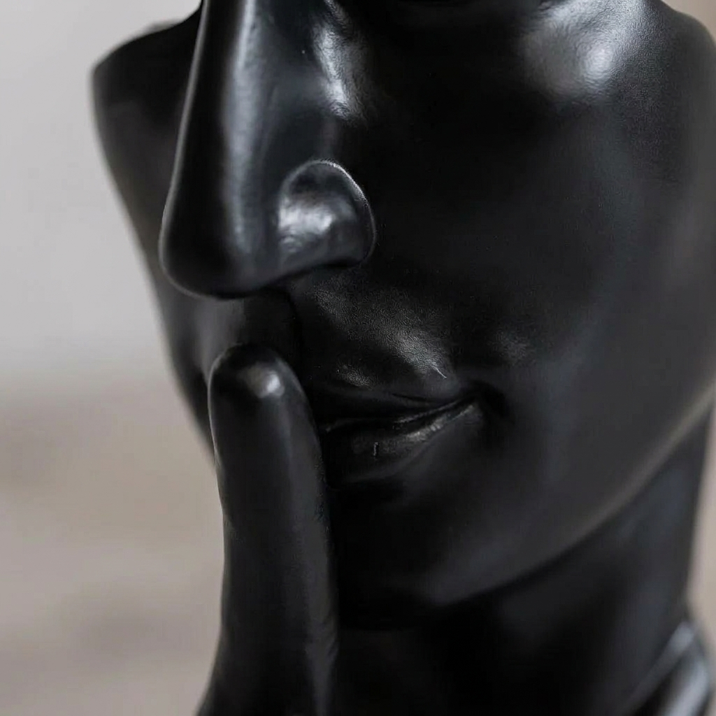 Close-up of the abstract resin face sculpture's sculpted finish