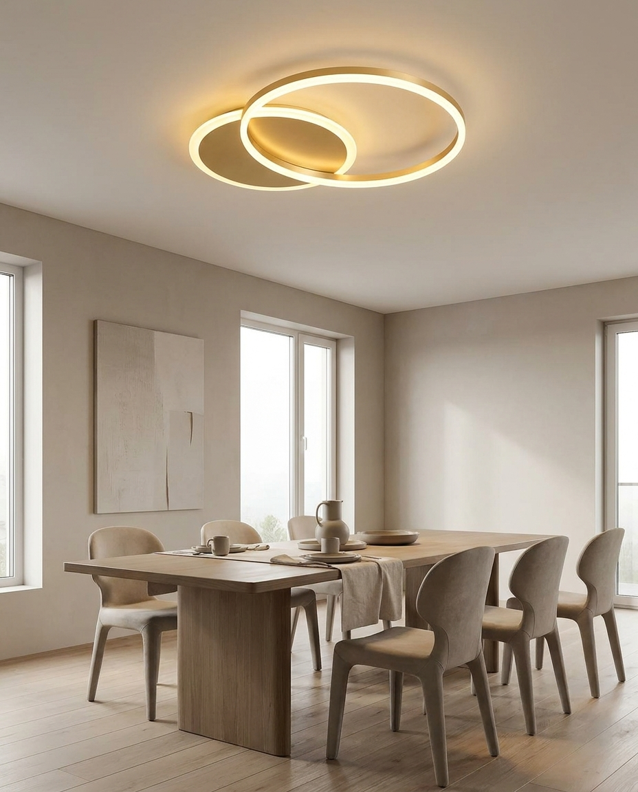 Floating ring LED ceiling light installed above a modern dining area