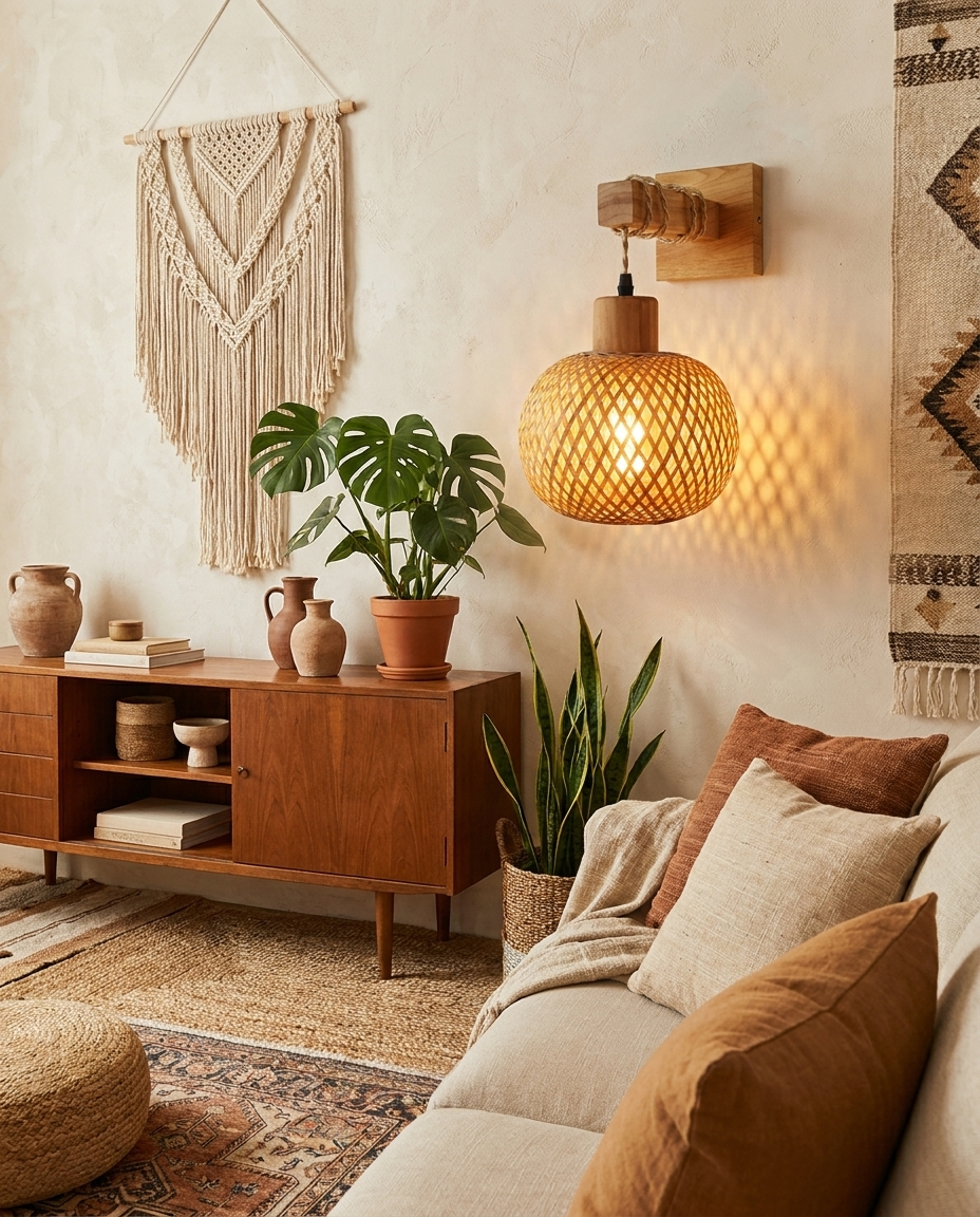 Handwoven rattan wall lamp mounted in a bohemian-inspired living room