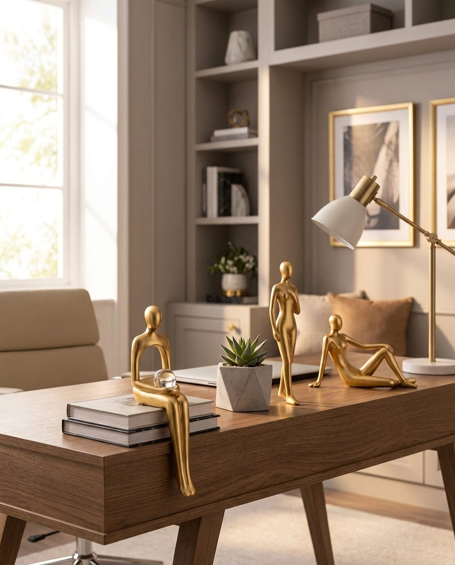 Abstract resin figurines arranged on a modern desk
