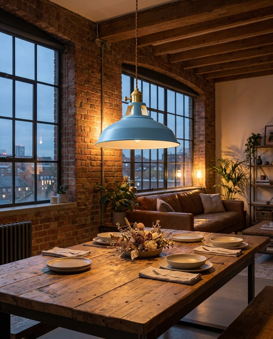 Industrial metal pendant light hanging above a wooden dining table