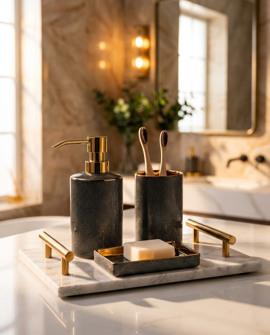 Ceramic bathroom accessories set styled on a marble vanity counter