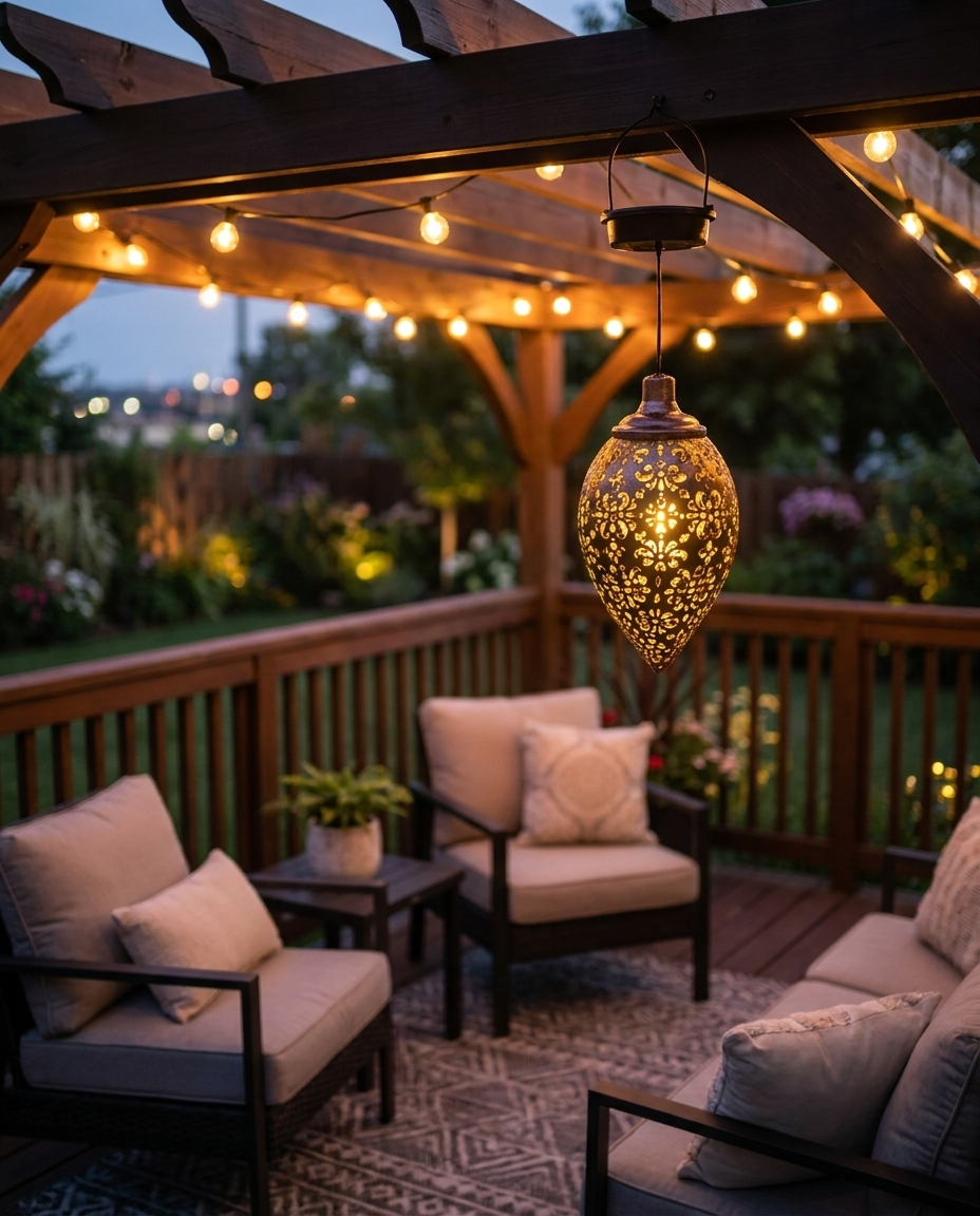 Moroccan-style solar hanging lantern hanging from a pergola beam