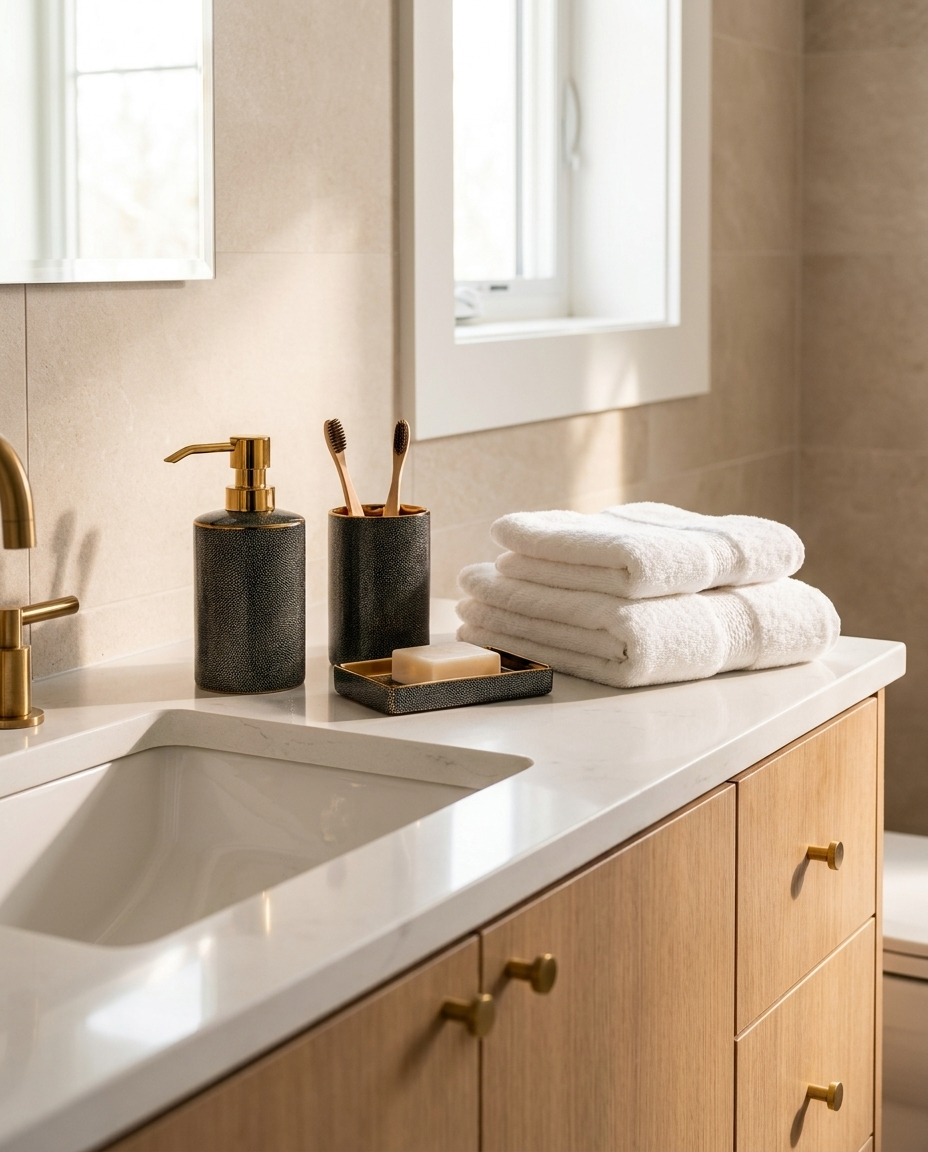 Ceramic bathroom accessories set arranged beside a sink with fresh towels