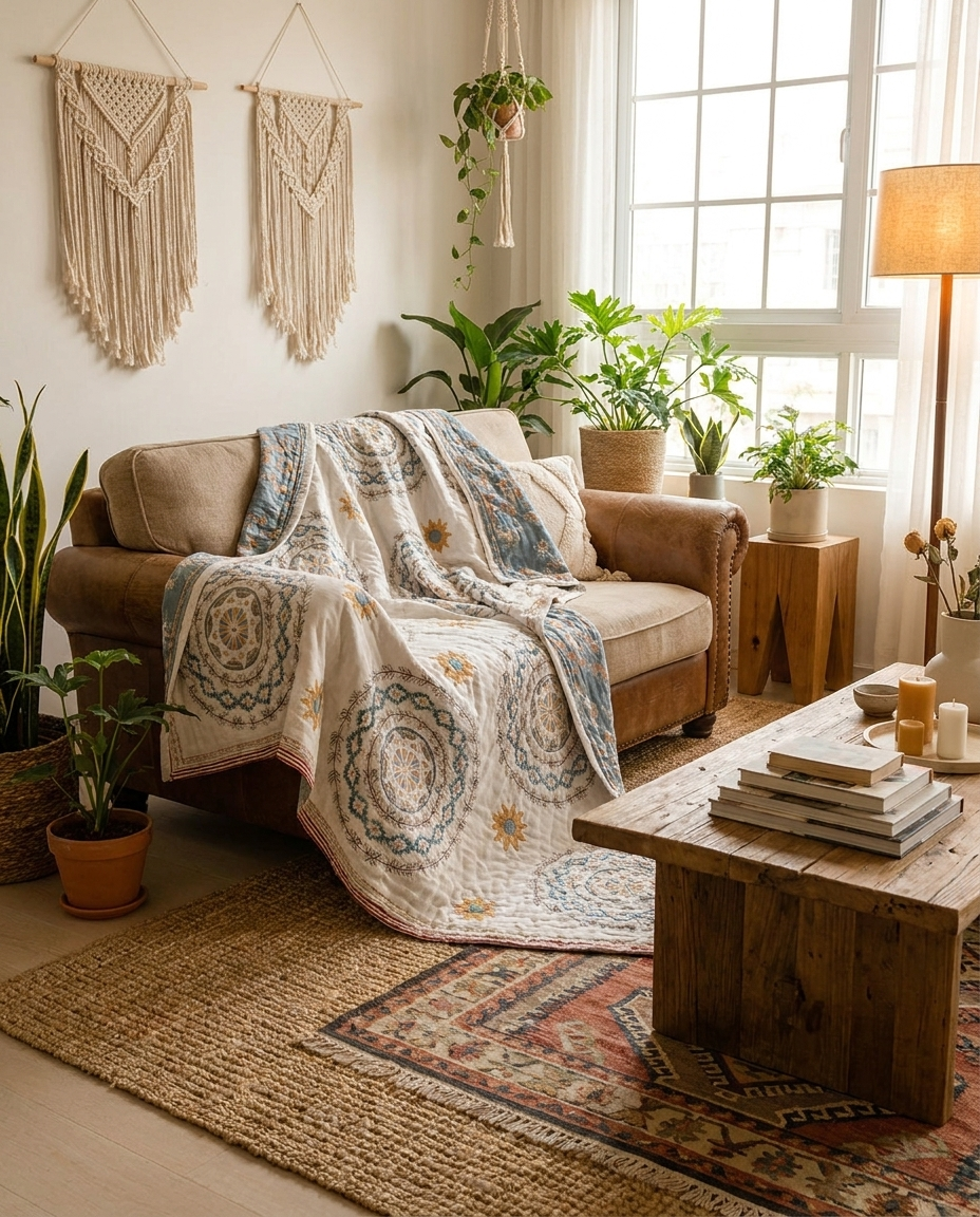 Mandala cotton throw blanket draped over a cozy armchair