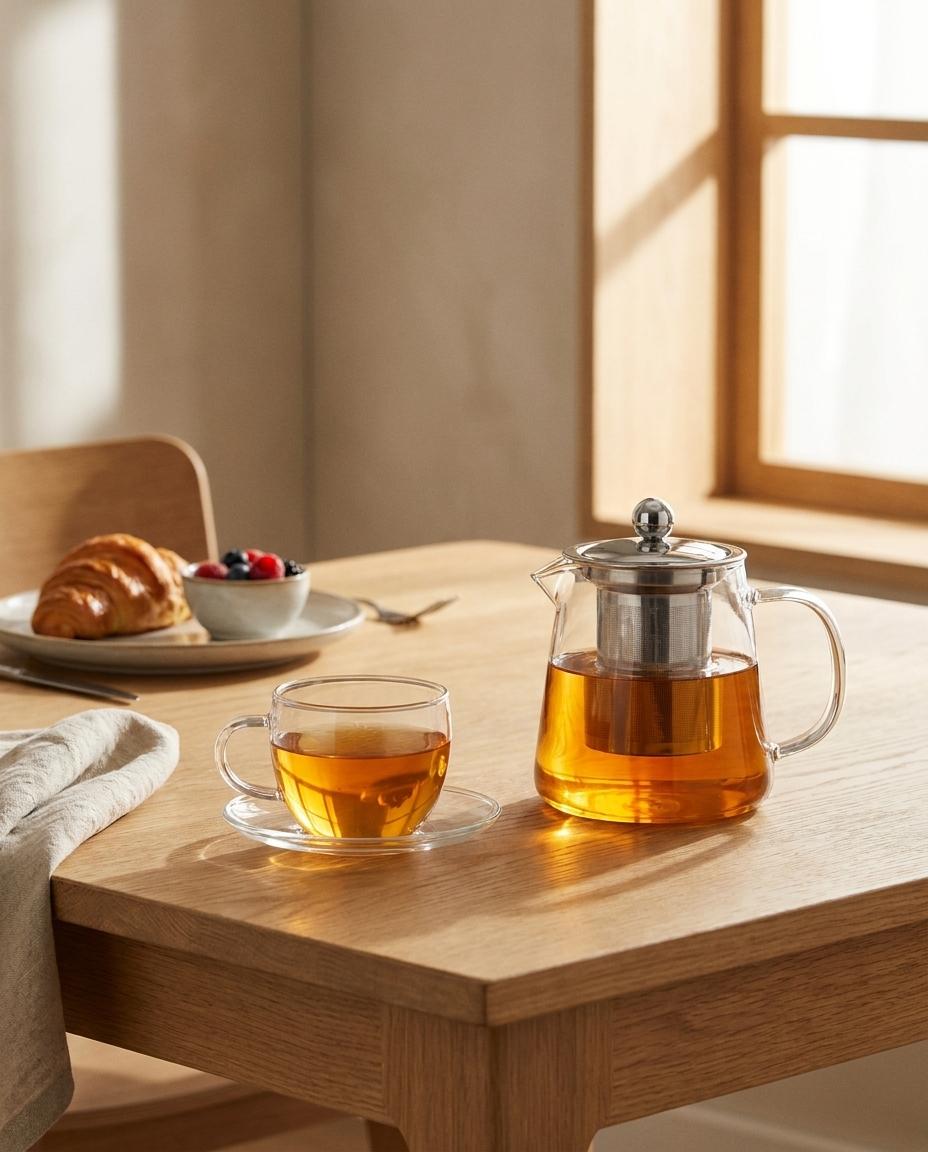 Glass teapot styled on a dining table with a teacup and saucer