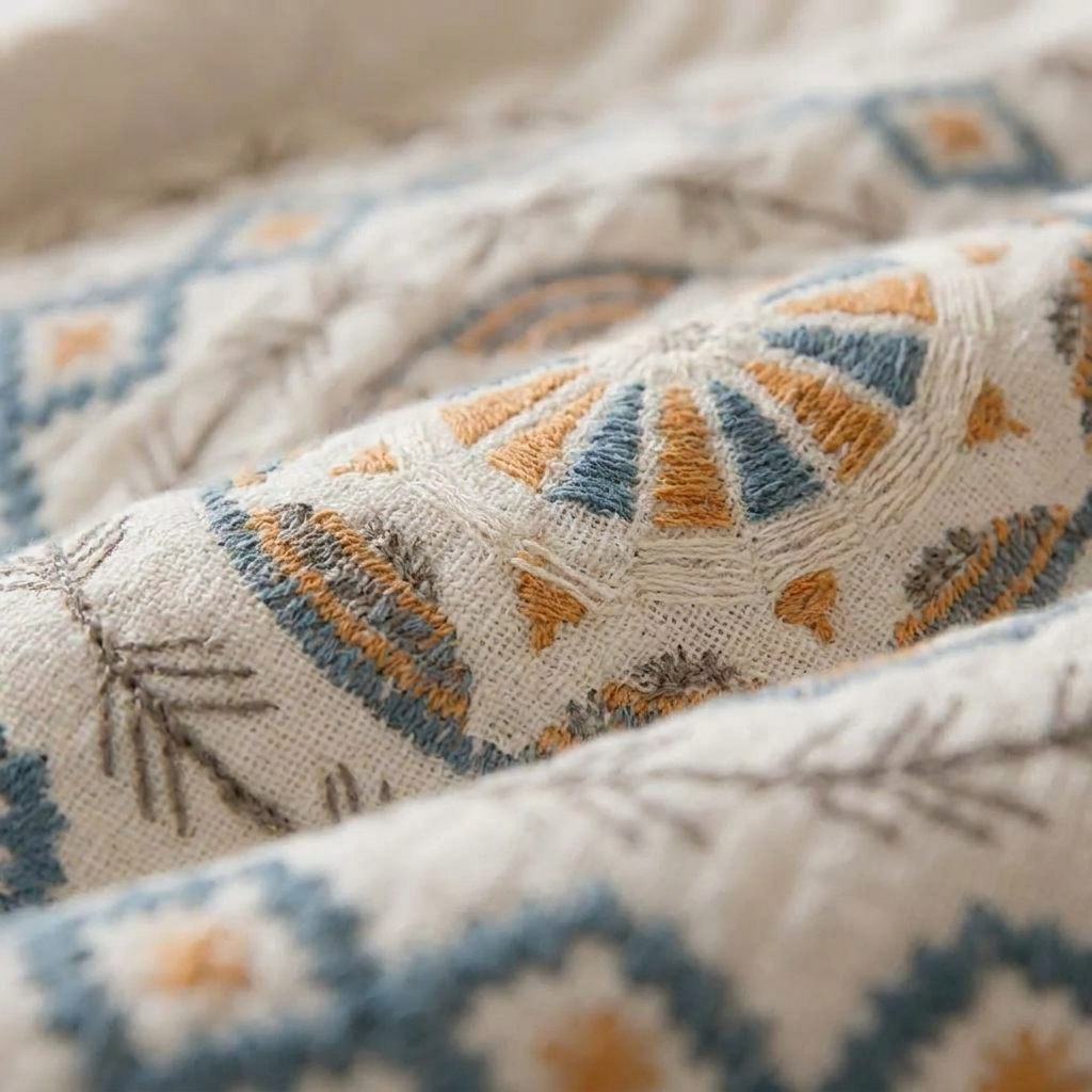 Close-up of the mandala throw blanket's woven cotton texture