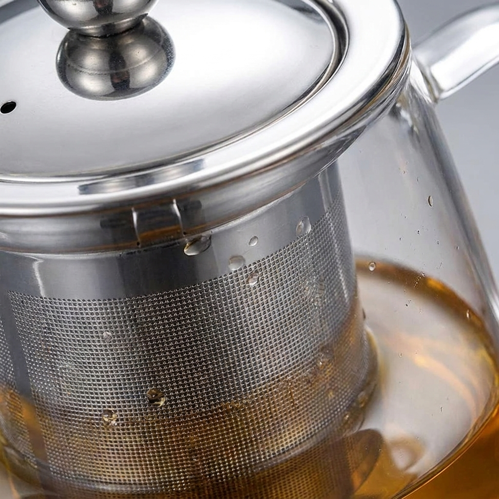 Close-up of the glass teapot's stainless steel infuser