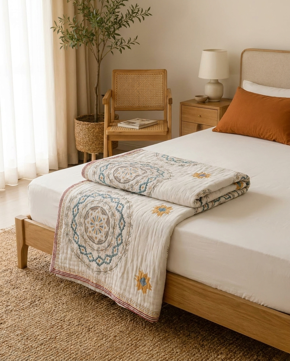 Mandala cotton throw blanket folded at the foot of a bed
