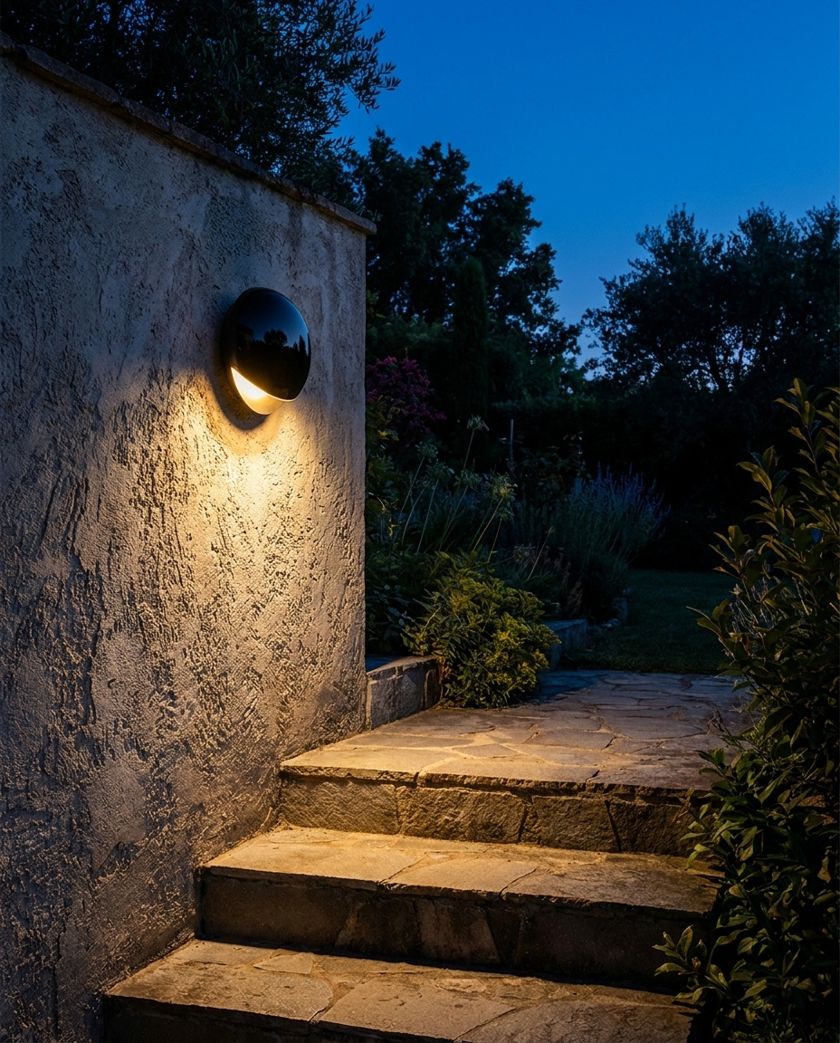 Outdoor wall lamp mounted beside a garden pathway at dusk