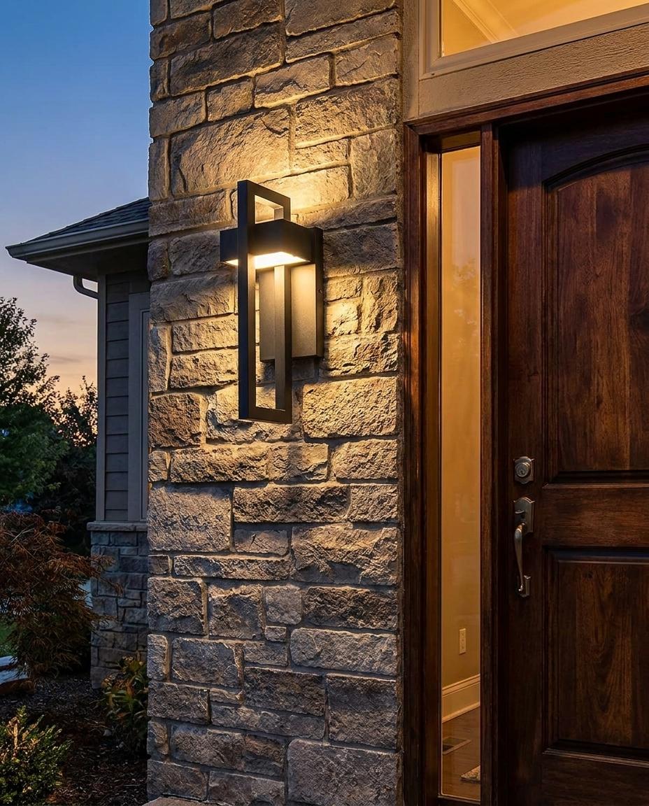 Modern outdoor wall light mounted on an exterior stone wall beside a front door