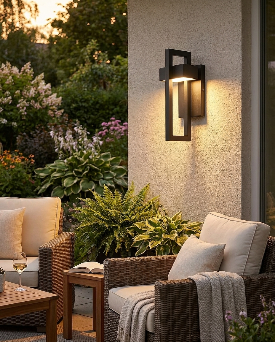 Modern outdoor wall light mounted on a patio wall beside outdoor seating