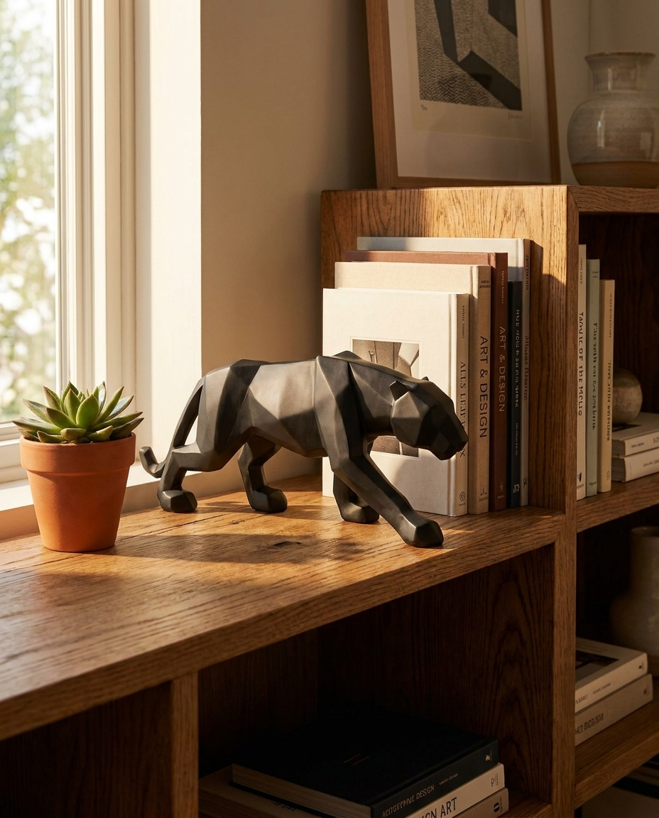 Artistic Panther Resin Sculpture styled on bookshelf