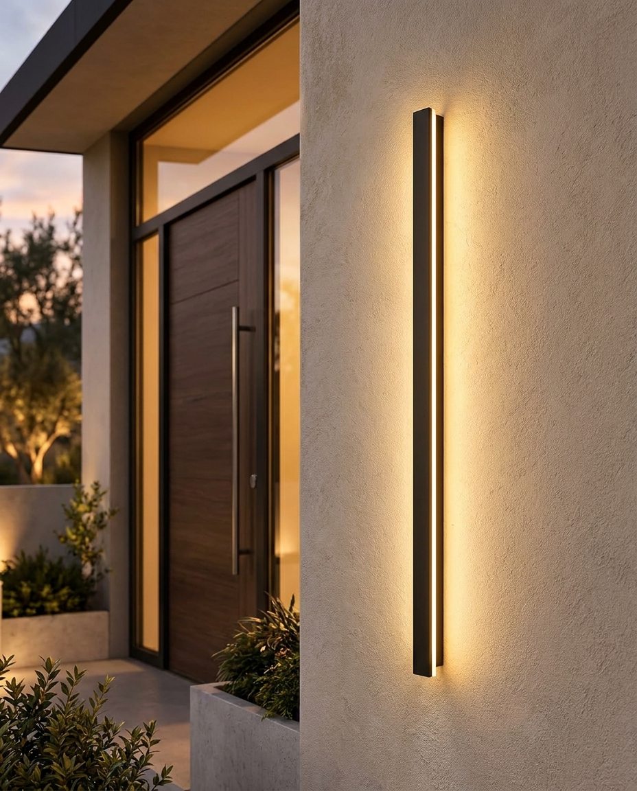 Linear Aluminium LED Outdoor Wall Light mounted beside modern front door
