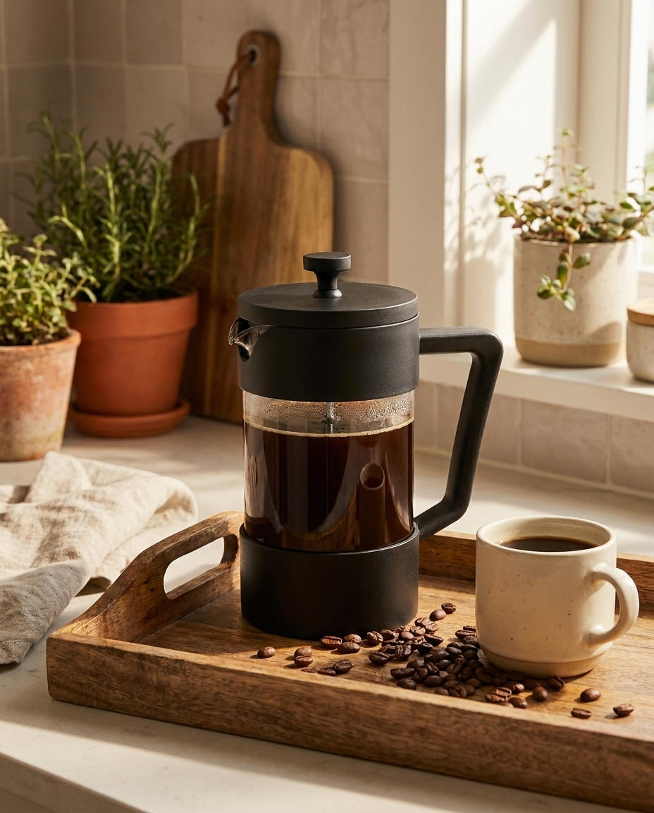 Borosilicate Glass French Press styled on wooden tray