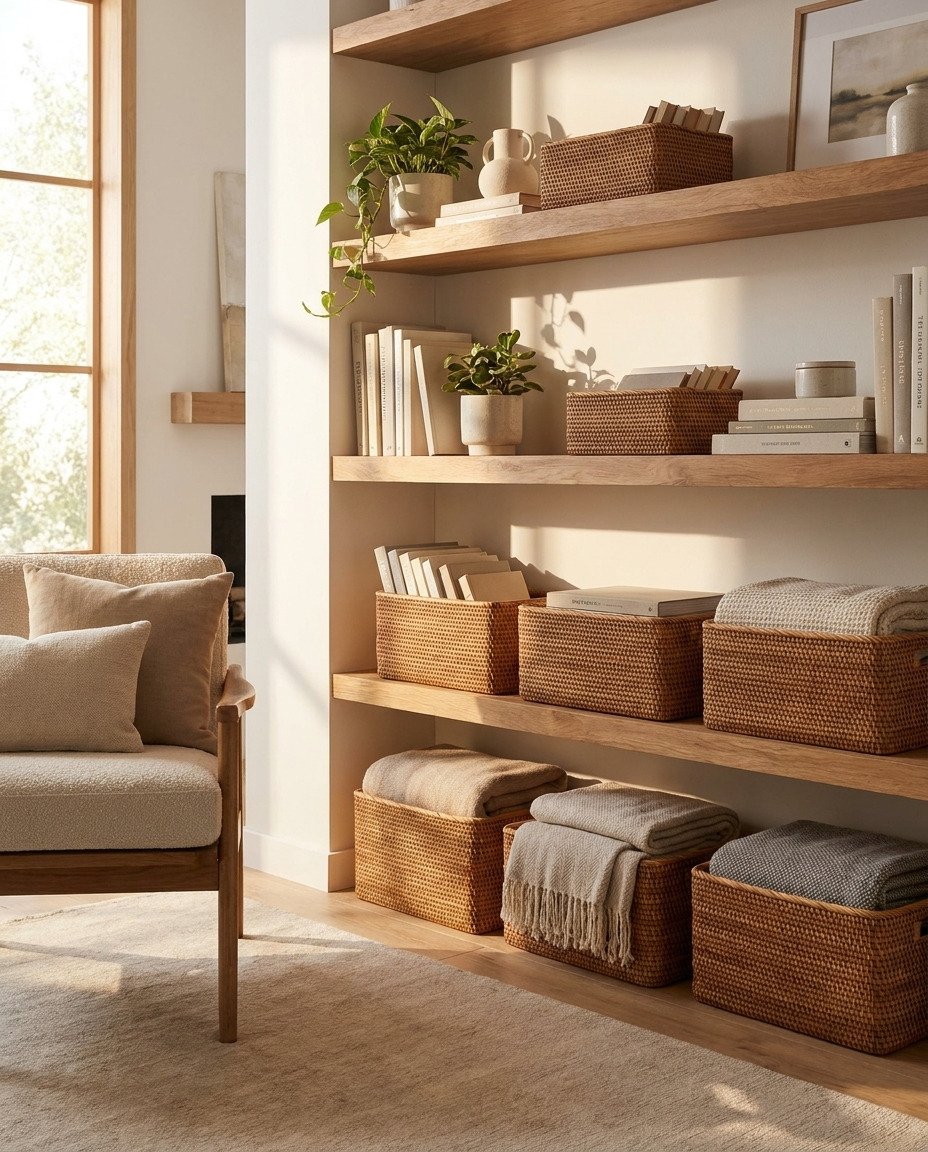 Rattan Storage Baskets on open shelving