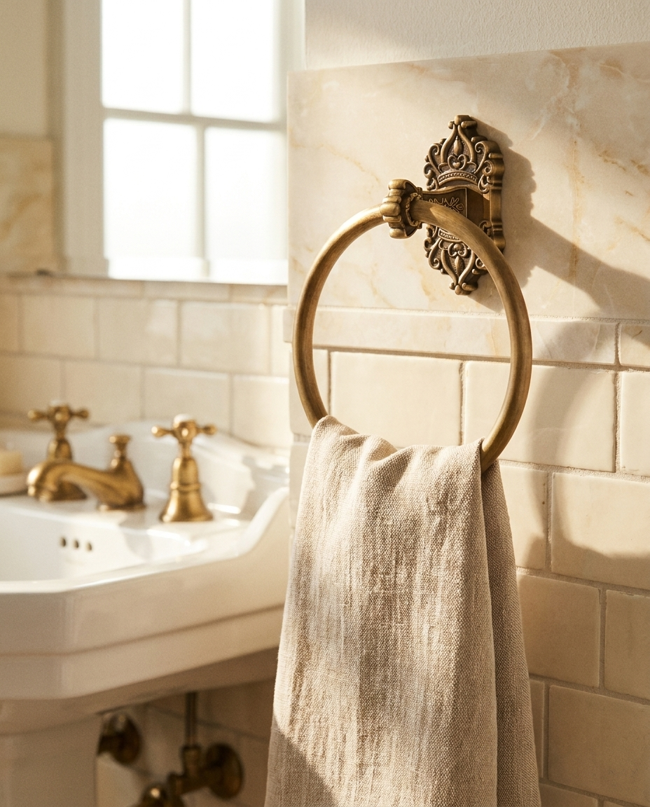 Antique Brass Hand Towel Ring in vintage-style bathroom