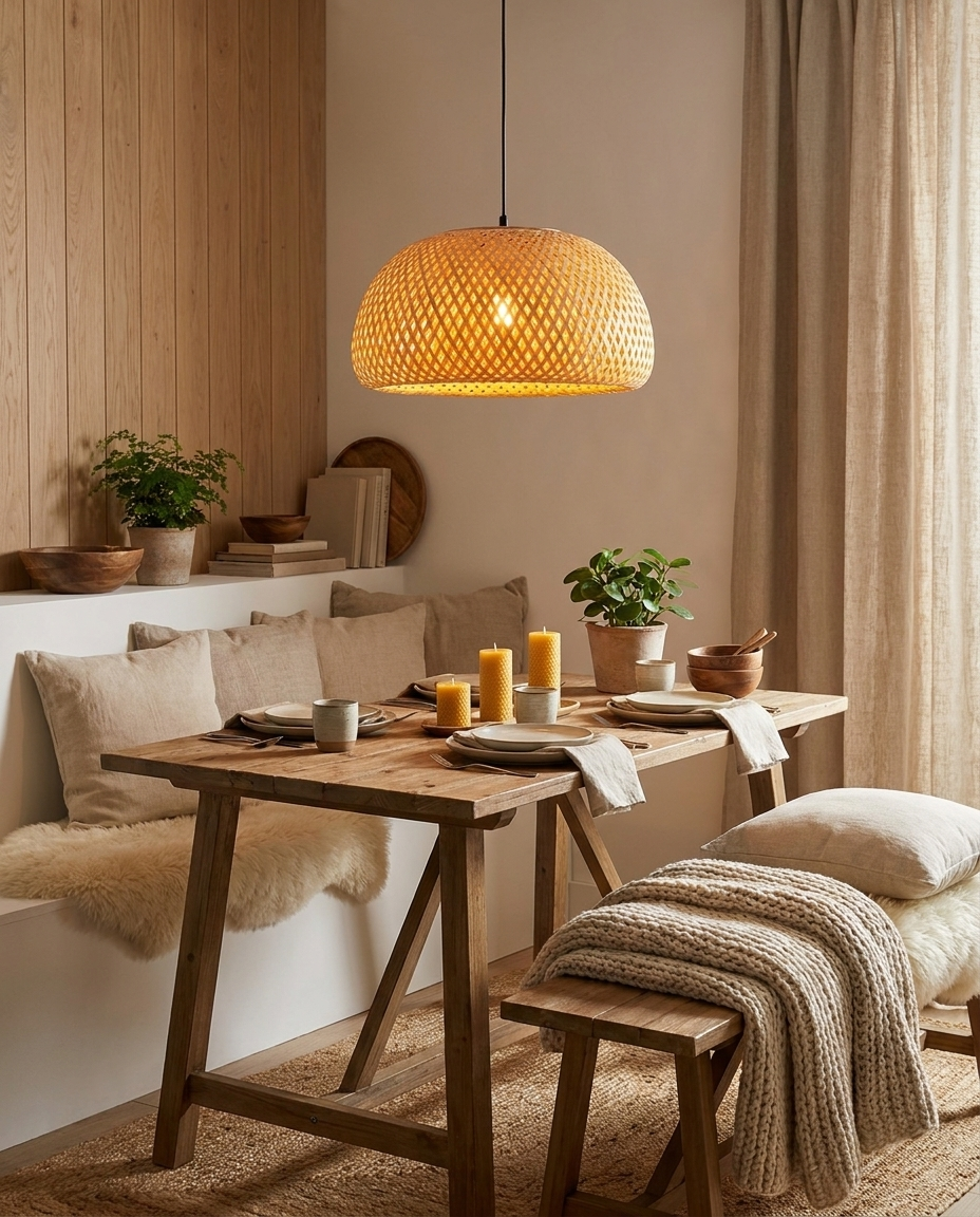 Woven Bamboo Pendant Light above Hygge dining nook