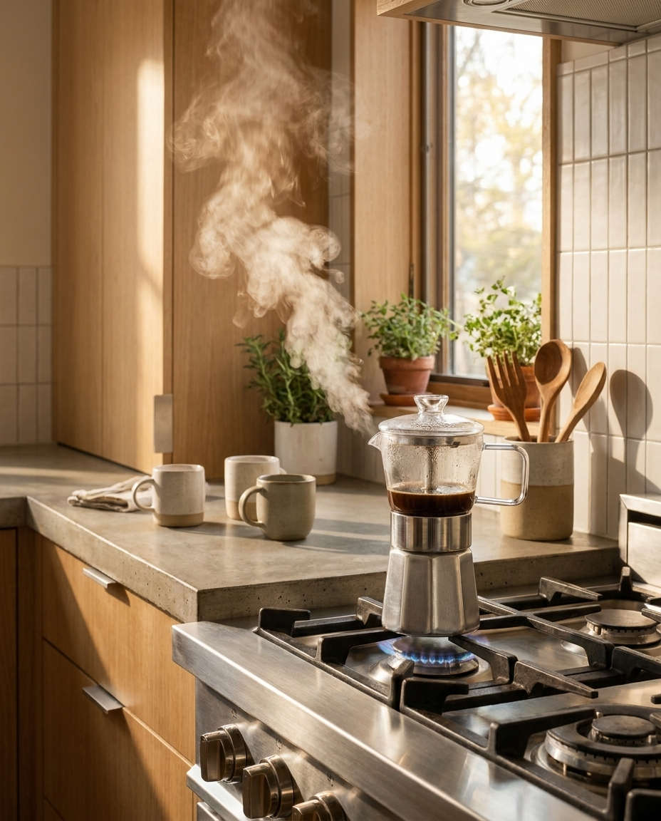 Classic Aluminium Moka Pot on stovetop with steam