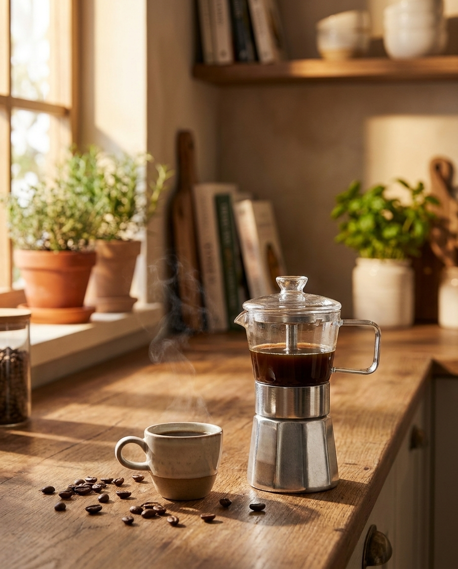 Moka Pot styled on counter with espresso cup