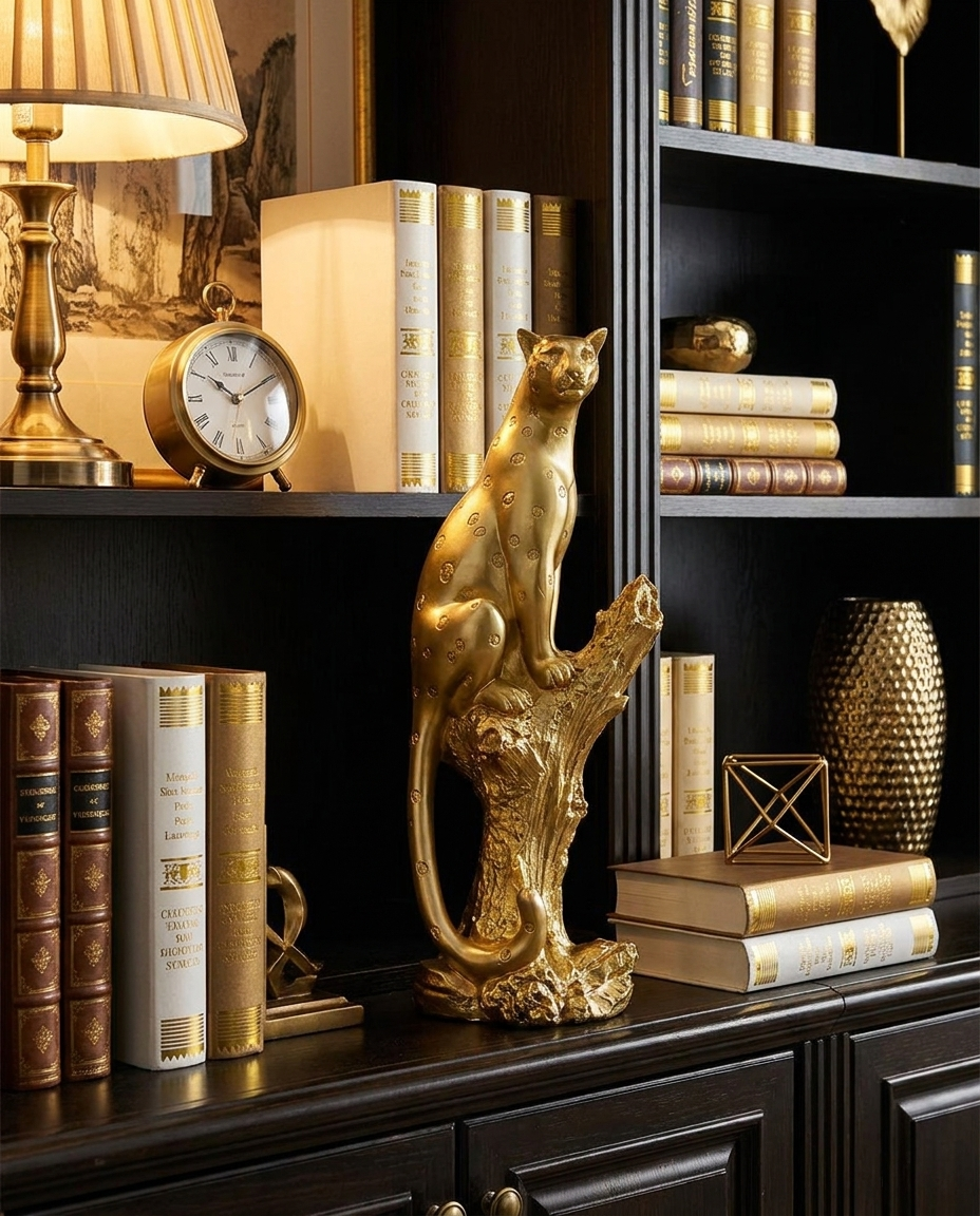 Resin Leopard Figurine on bookshelf with gold accents