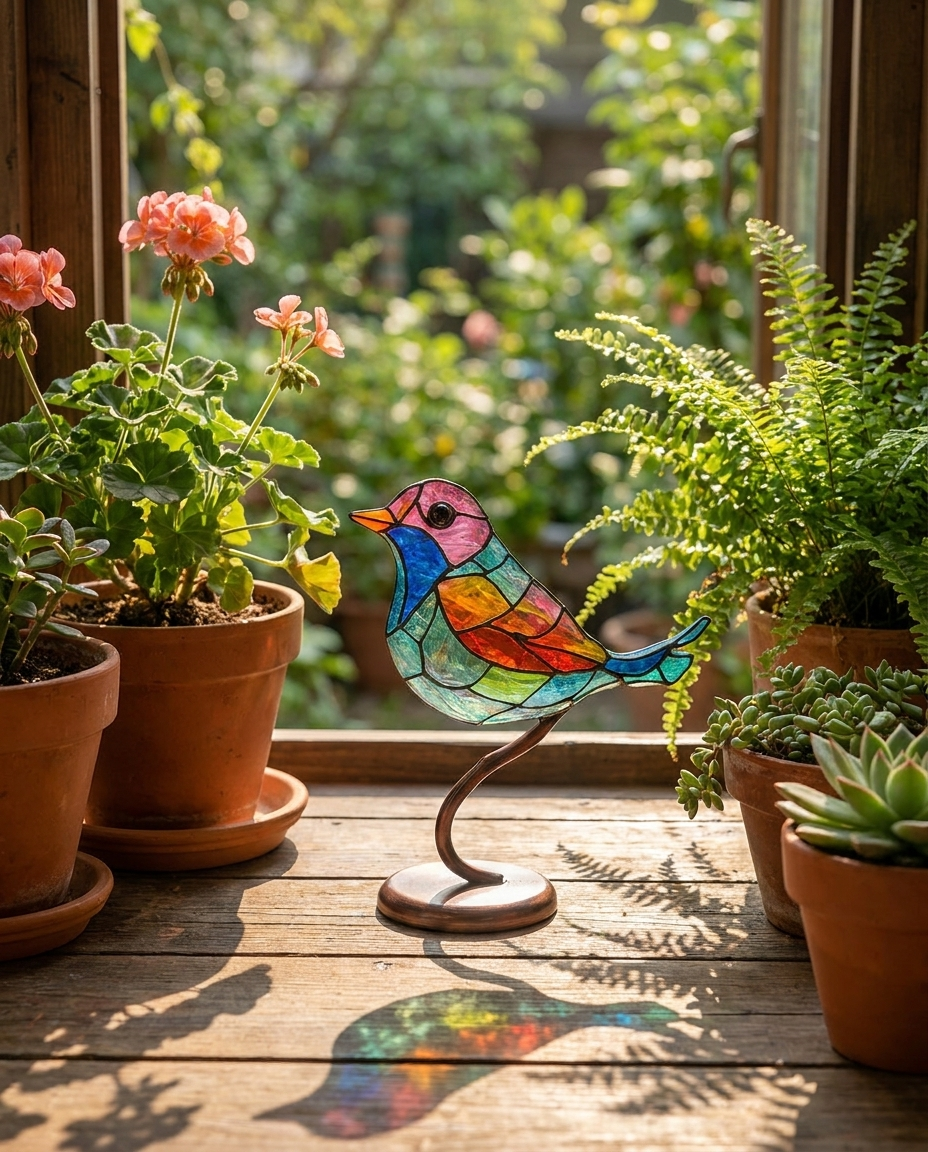 Vintage Colorful Bird Ornament on garden windowsill