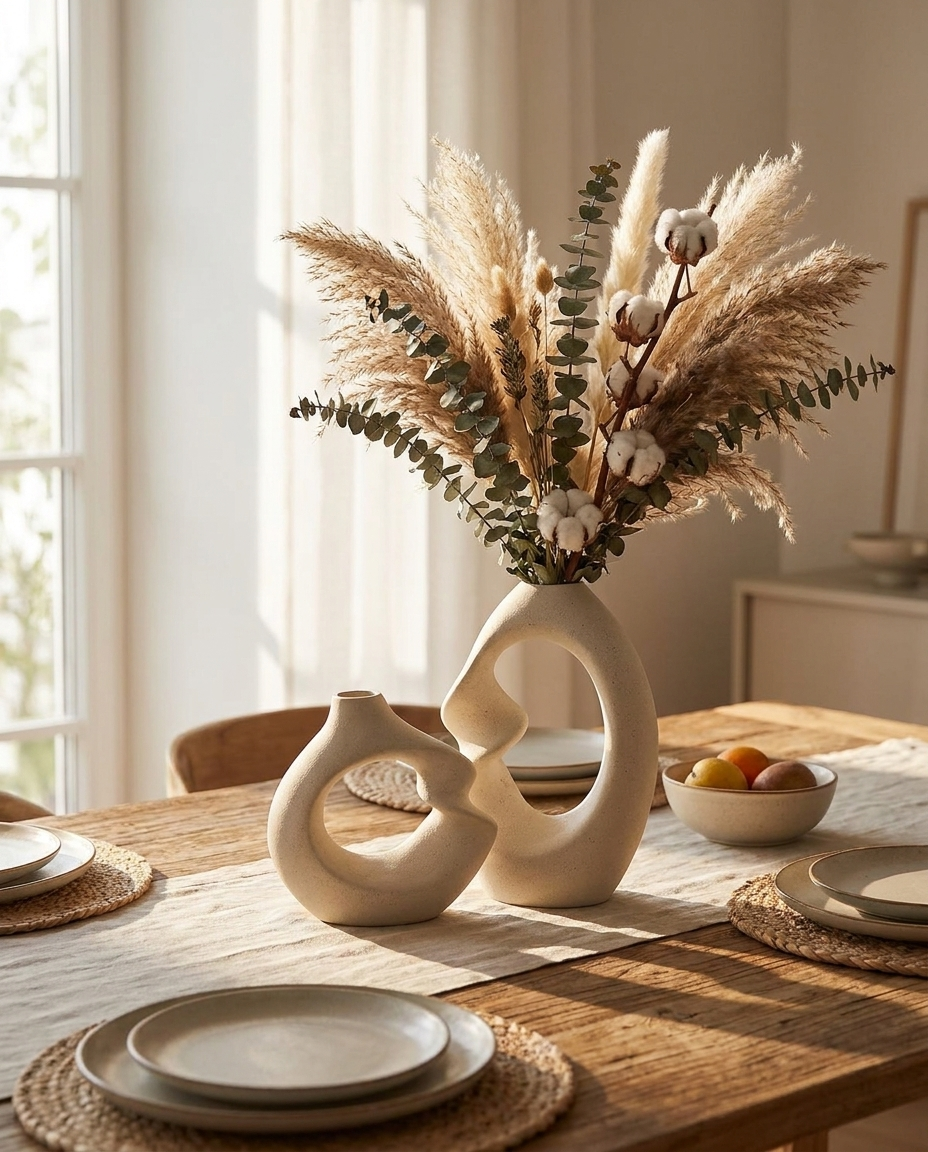 Ceramic Vase Set styled with dried flowers on dining table