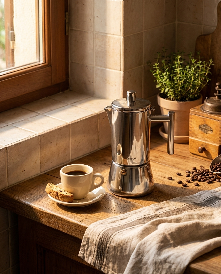 Moka Pot styled on counter with espresso cup