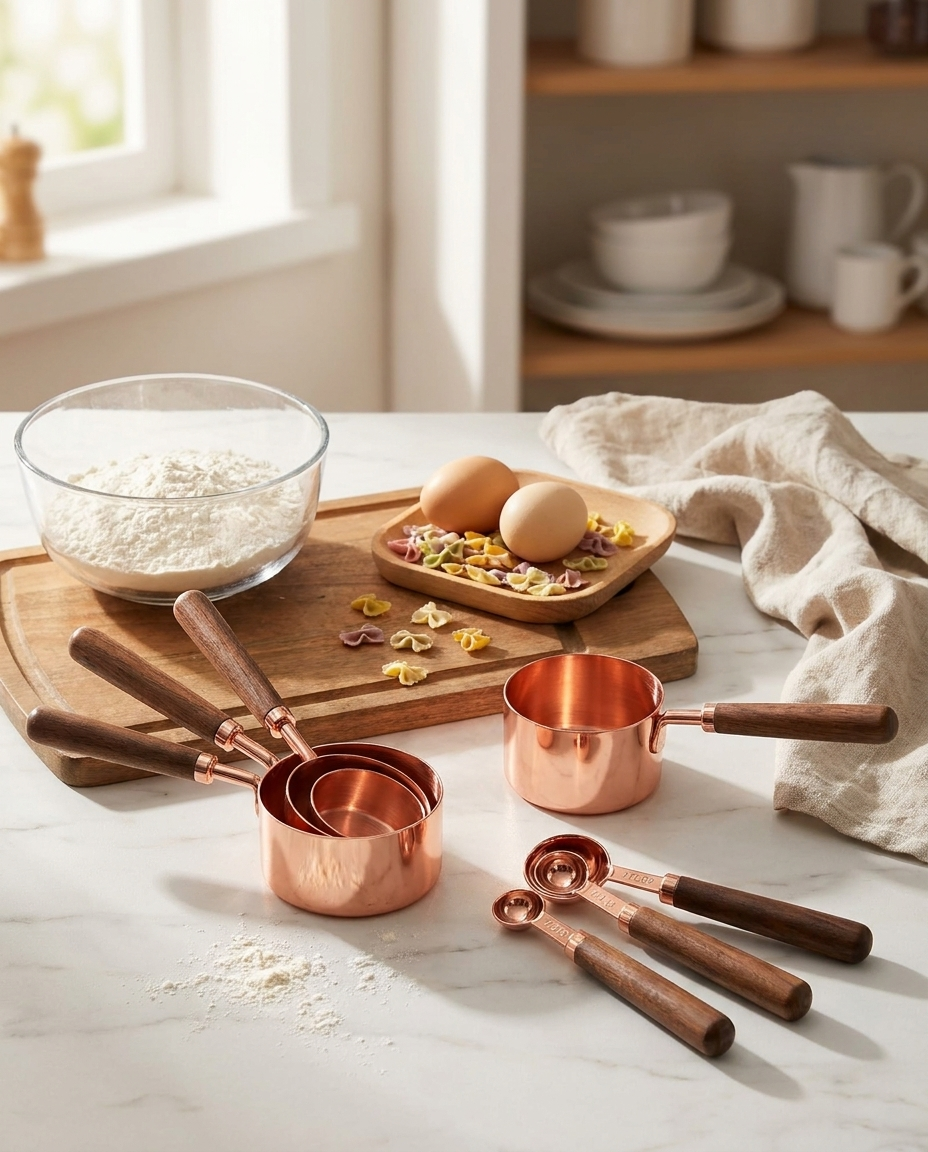 Copper Measuring Cups and Spoons Set with baking ingredients