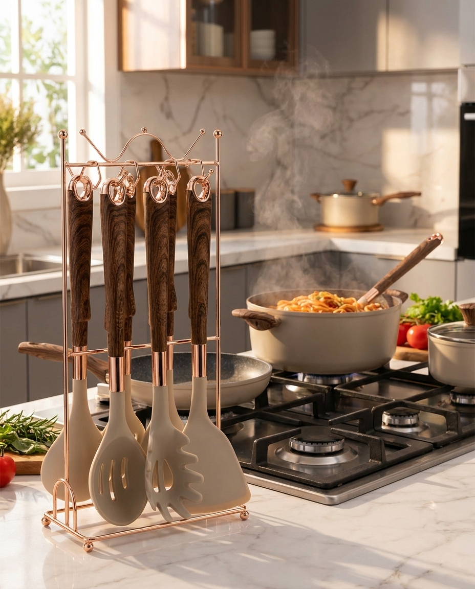 Silicone Kitchen Utensil Set in use on stovetop
