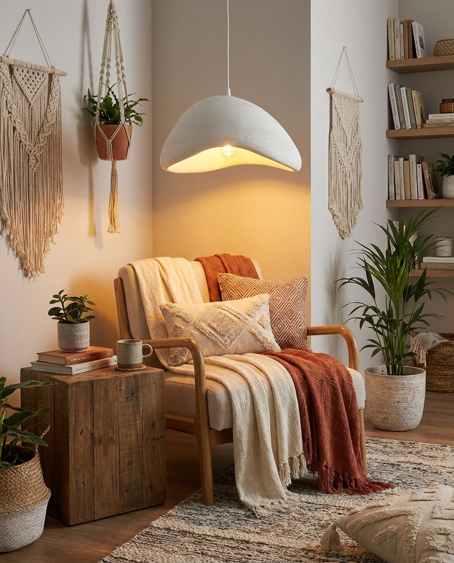 Resin Chandelier above boho reading nook